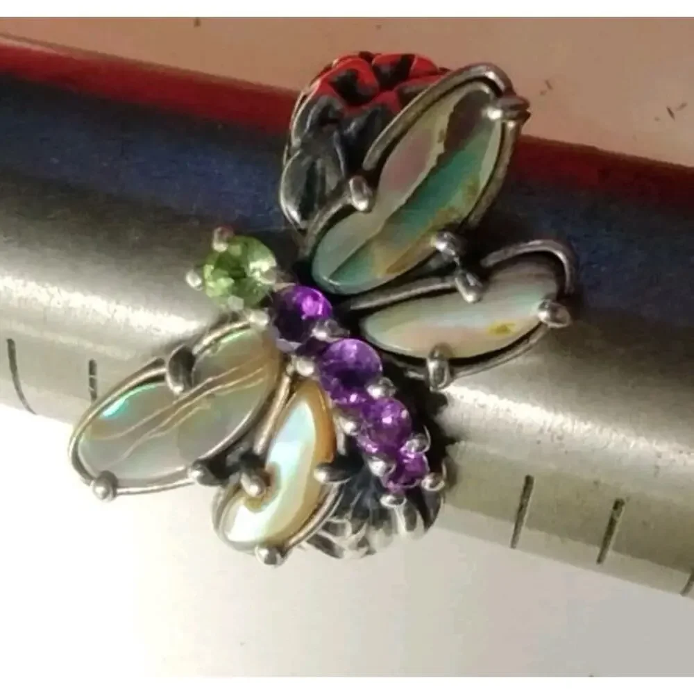 Carolyn Pollack NEW Sterling Silver Abalone Amethyst & Peridot Dragonfly Ring 8
